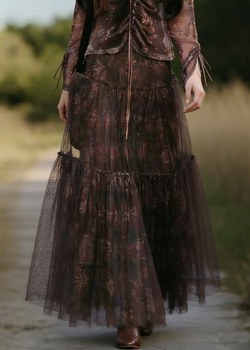 Coffee Print Wrinkled Tulle Skirt Summer
