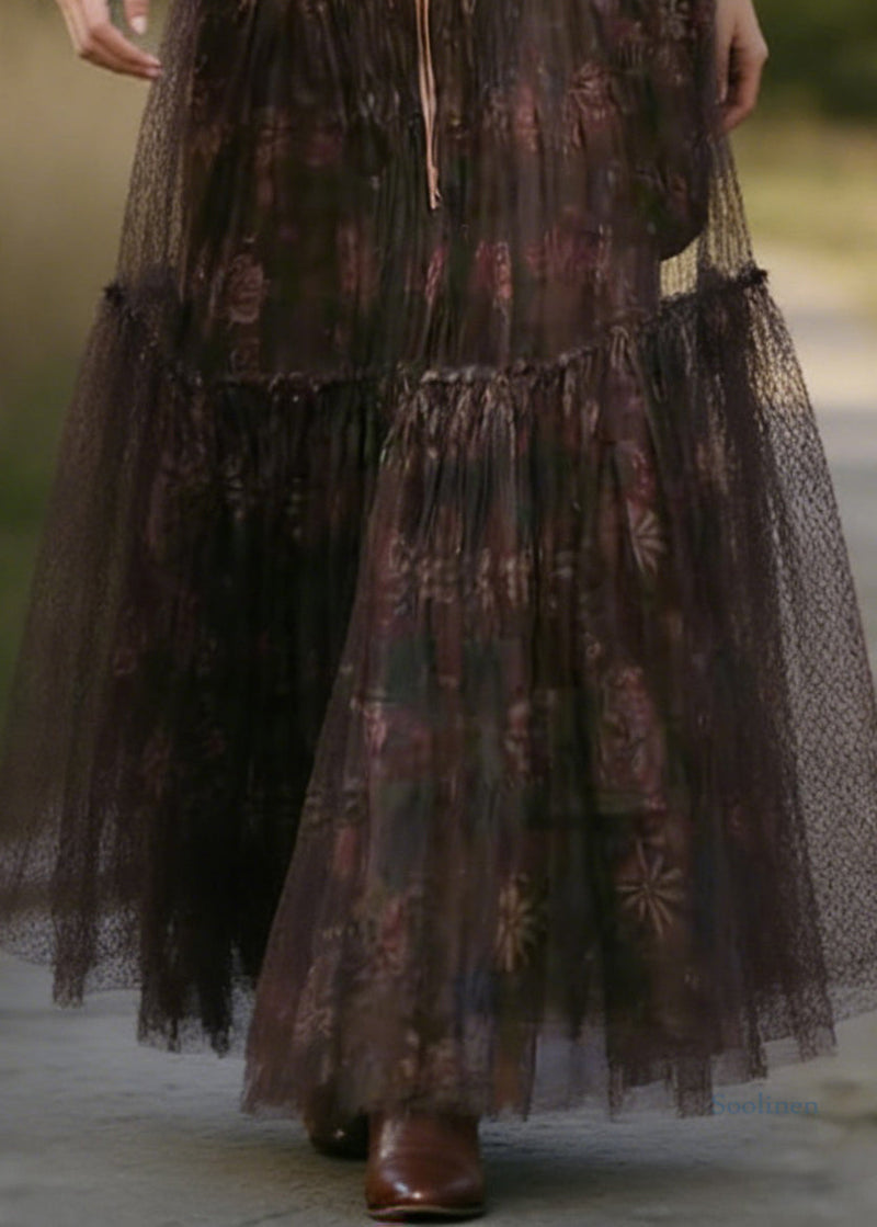Coffee Print Wrinkled Tulle Skirt Summer