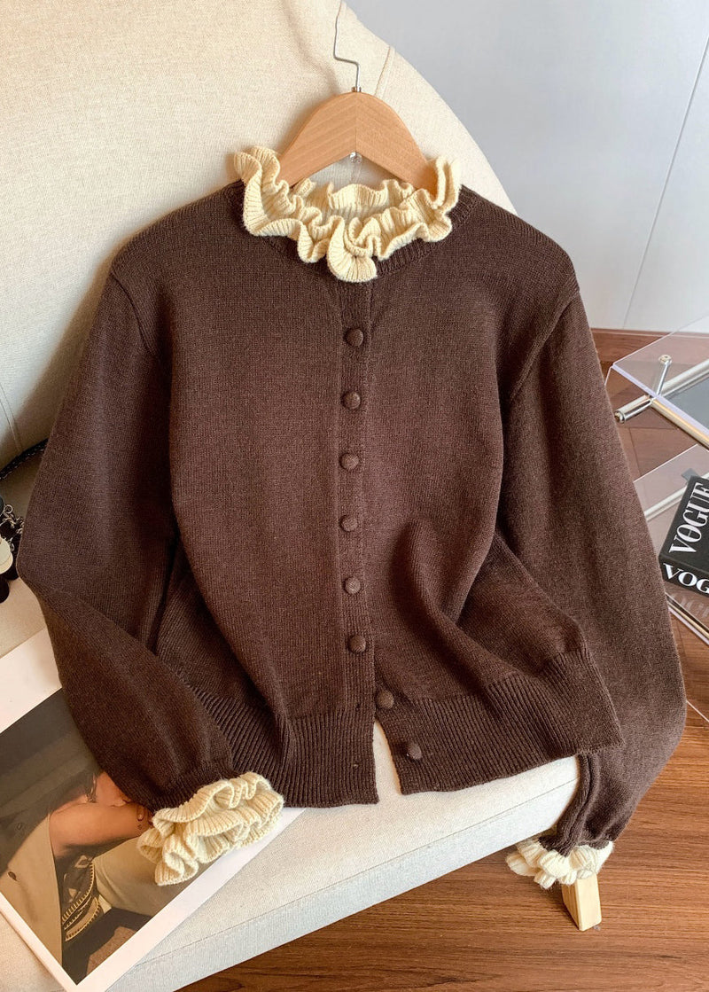 Coffee Ruffled Button Patchwork Knit Coats Winter