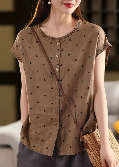 Coffee Ruffled Dot Linen Shirt Summer