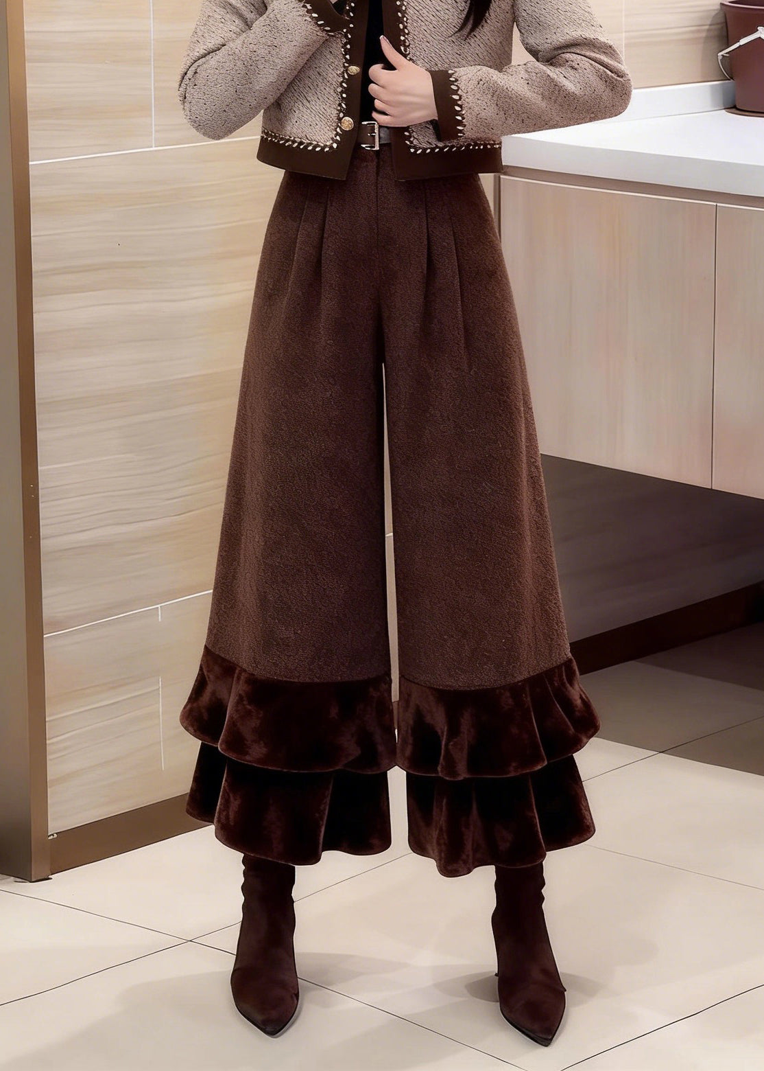 Coffee Ruffled Patchwork High Waist Woolen Crop Pants Winter