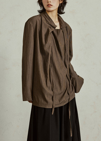 Vintage Coffee Stand Collar Lace Up Cotton Blouse Fall