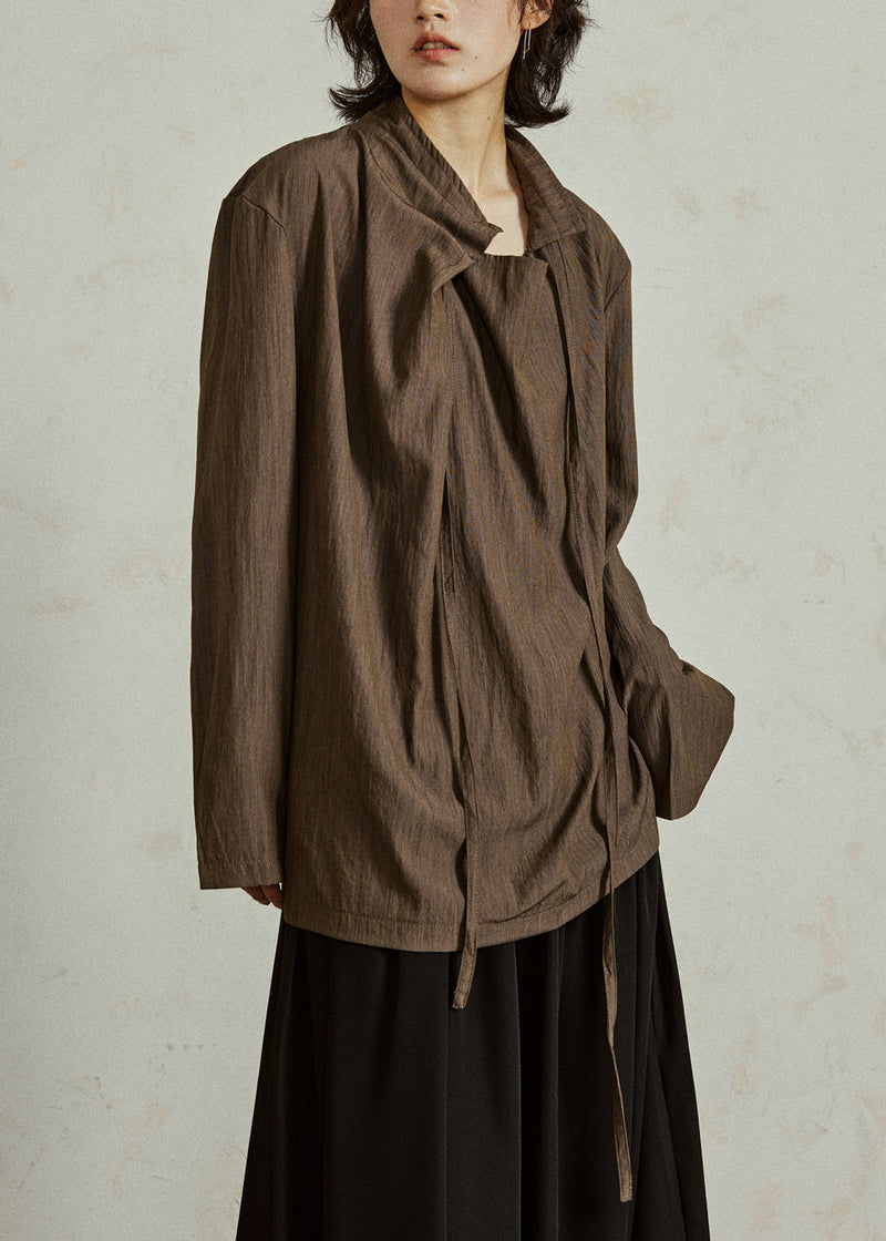 Coffee Stand Collar Lace Up Cotton Blouse Fall