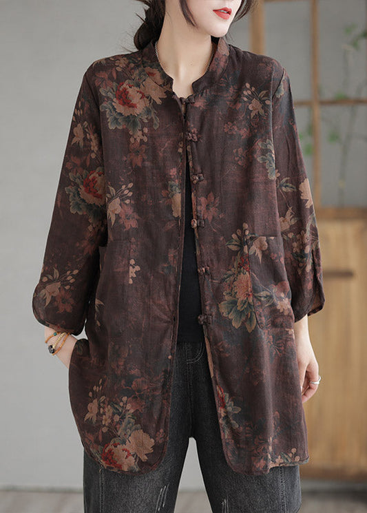 Coffee Stand Collar Print Button Linen Coat Long Sleeve
