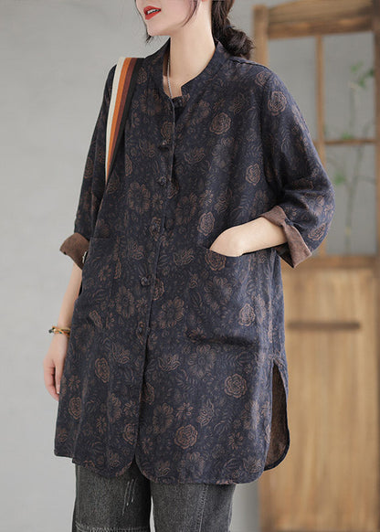 Coffee Stand Collar Print Button Linen Coat Long Sleeve
