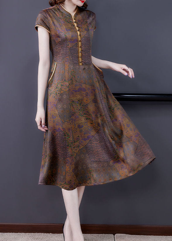 Coffee Stand Collar Print Button Patchwork Silk Dress Summer