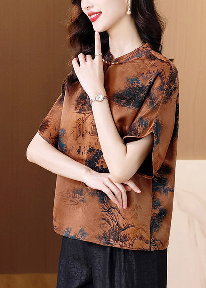 Coffee Stand Collar Print Silk Shirt Tops Summer