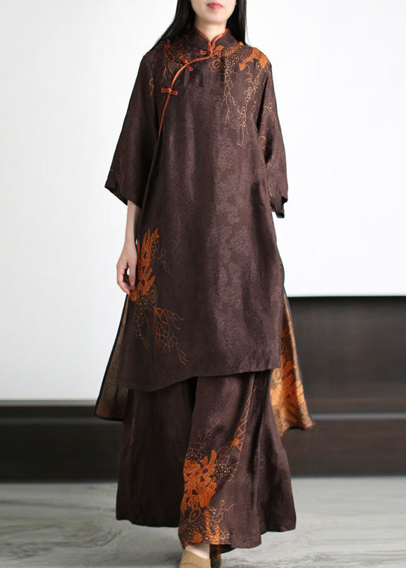 Coffee Stand Collar Print Tops and Pants Silk Two-piece Set Summer