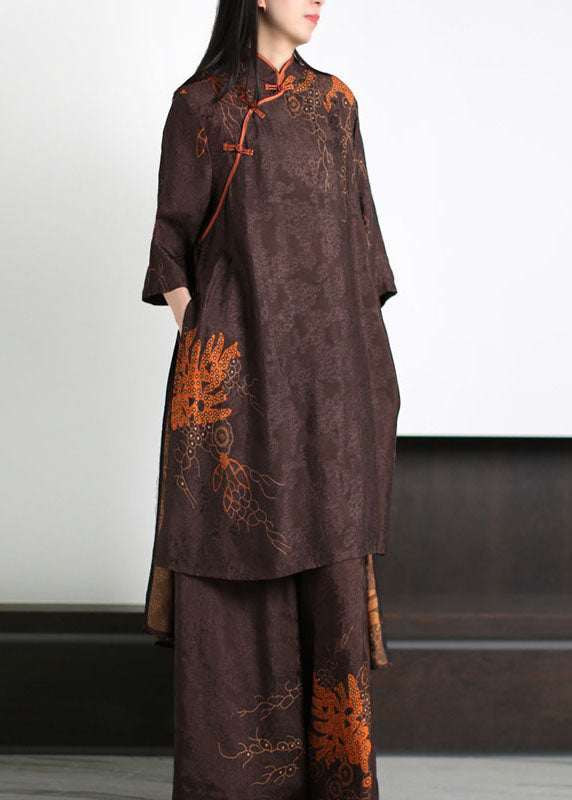 Coffee Stand Collar Print Tops and Pants Silk Two-piece Set Summer