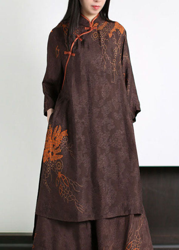 Coffee Stand Collar Print Tops and Pants Silk Two-piece Set Summer