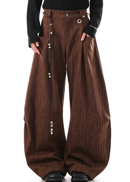 Coffee Striped Pockets High Waist Cotton Pants Fall