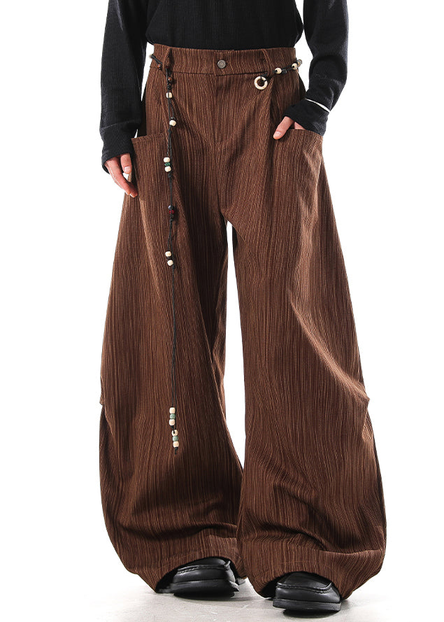 Coffee Striped Pockets High Waist Cotton Pants Fall