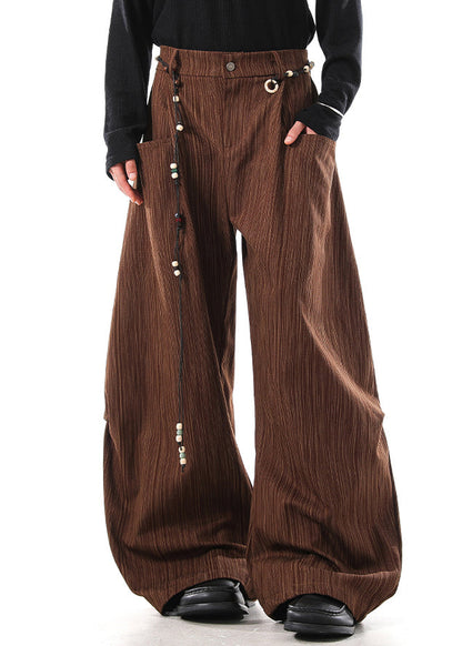 Coffee Striped Pockets High Waist Cotton Pants Fall