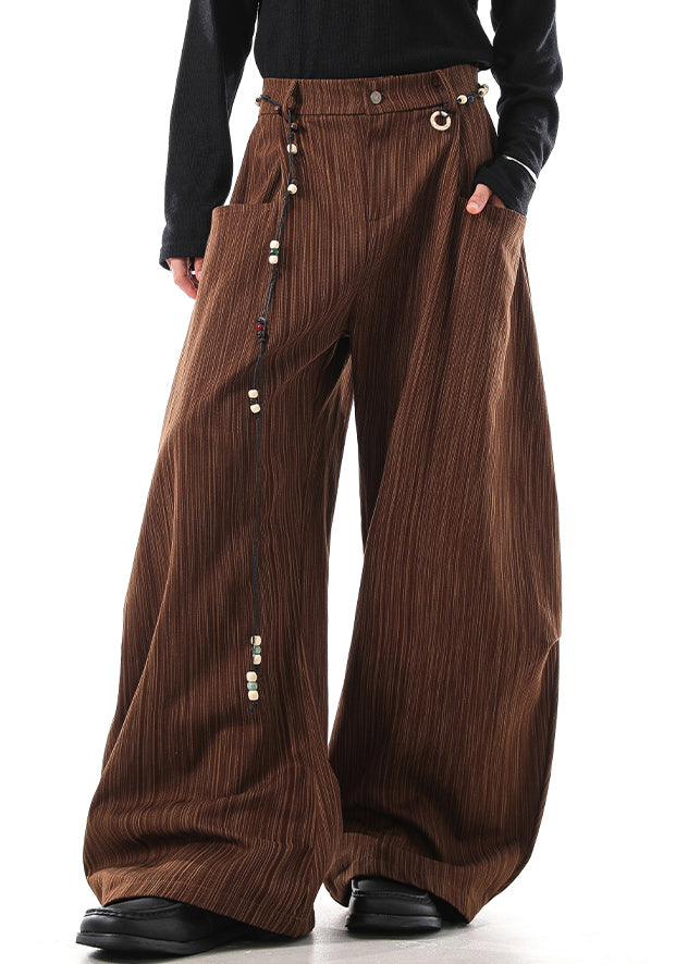 Coffee Striped Pockets High Waist Cotton Pants Fall