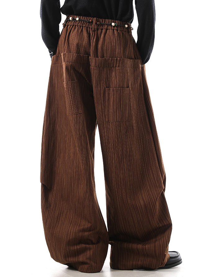 Coffee Striped Pockets High Waist Cotton Pants Fall