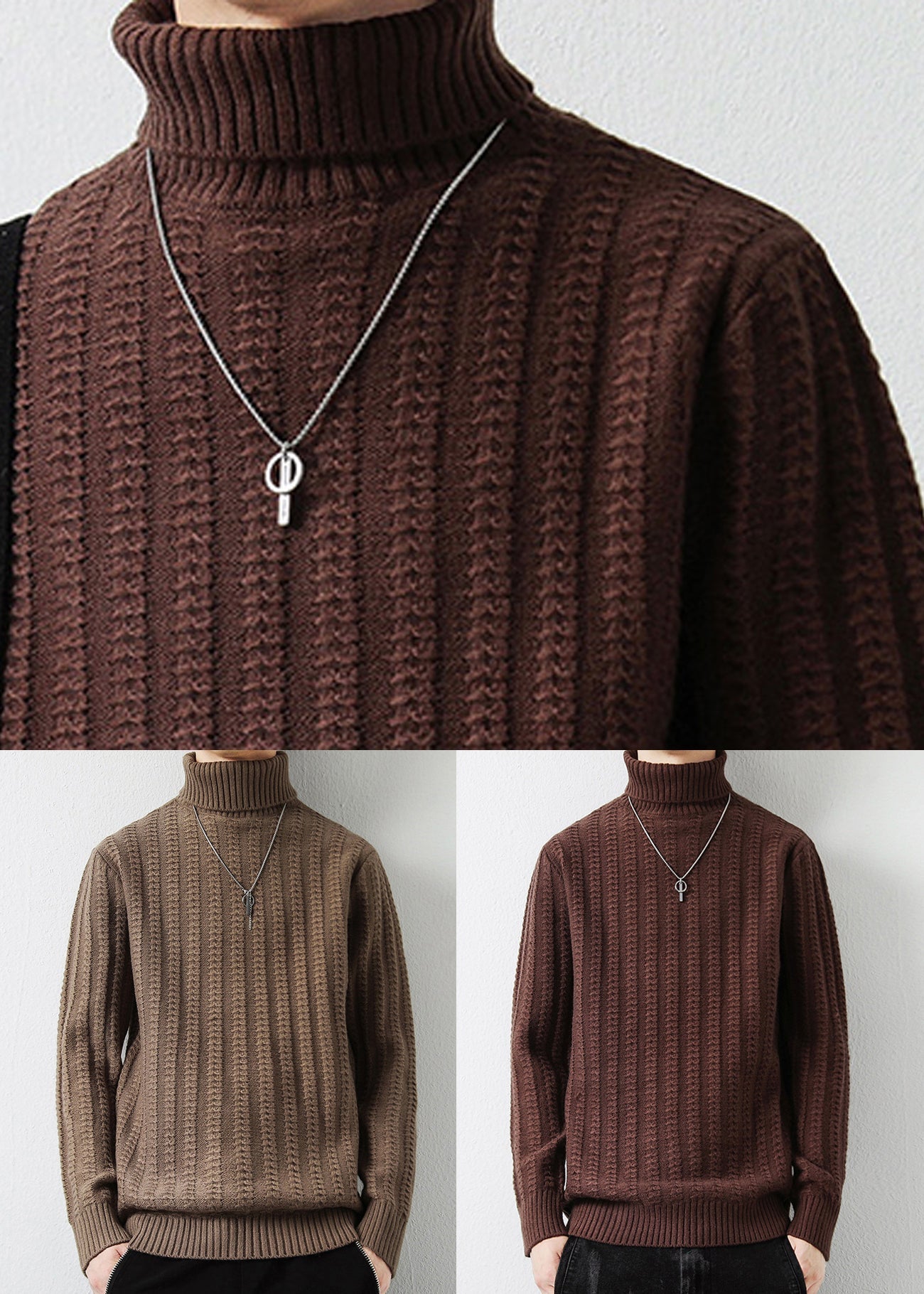 Coffee Turtleneck Thick Cotton Cable Knit Sweater Winter