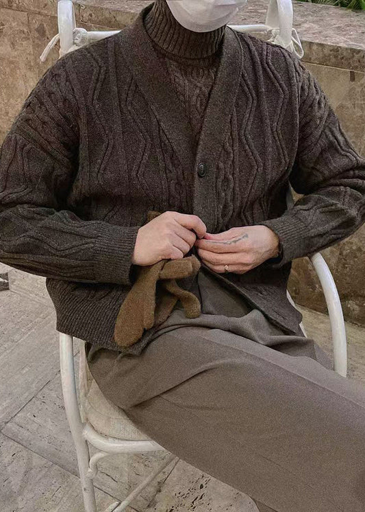Coffee V Neck Button Cable Knit Coat Winter