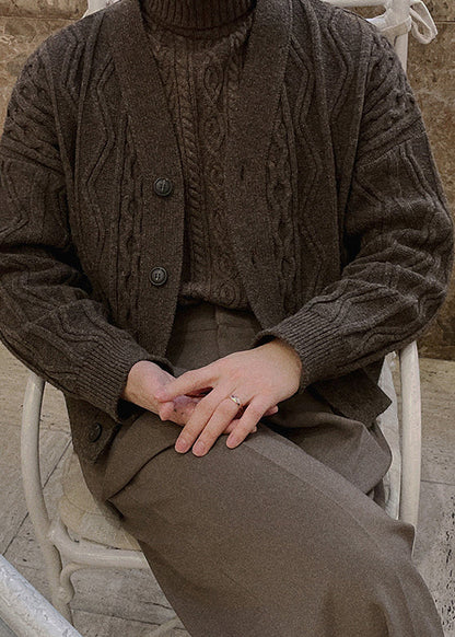 Coffee V Neck Button Cable Knit Coat Winter
