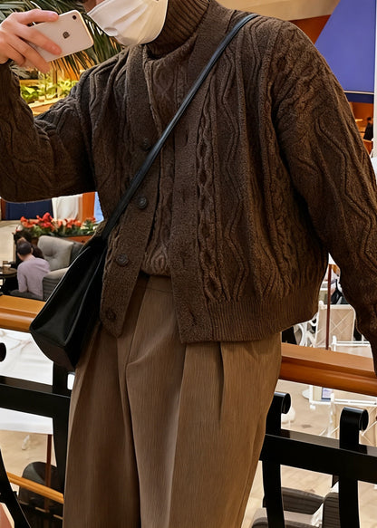 Coffee V Neck Button Cable Knit Coat Winter
