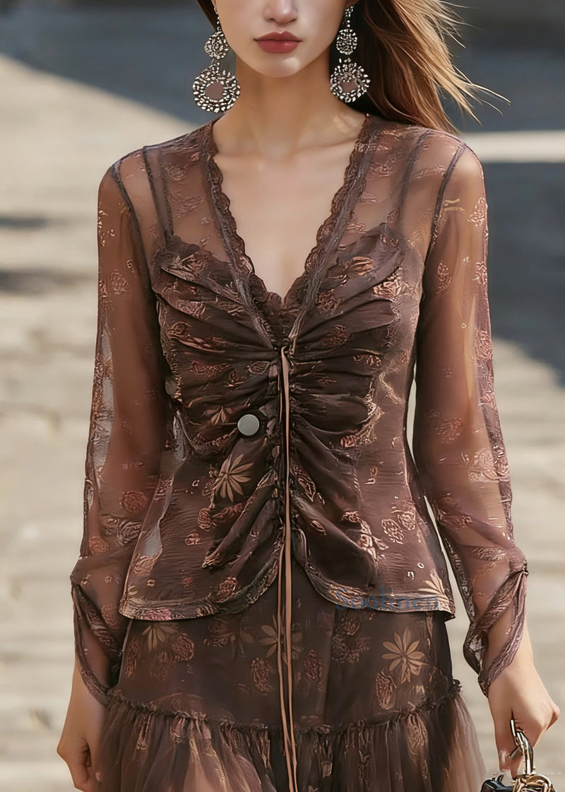 Coffee V Neck Cinched Tulle Shirt Spring