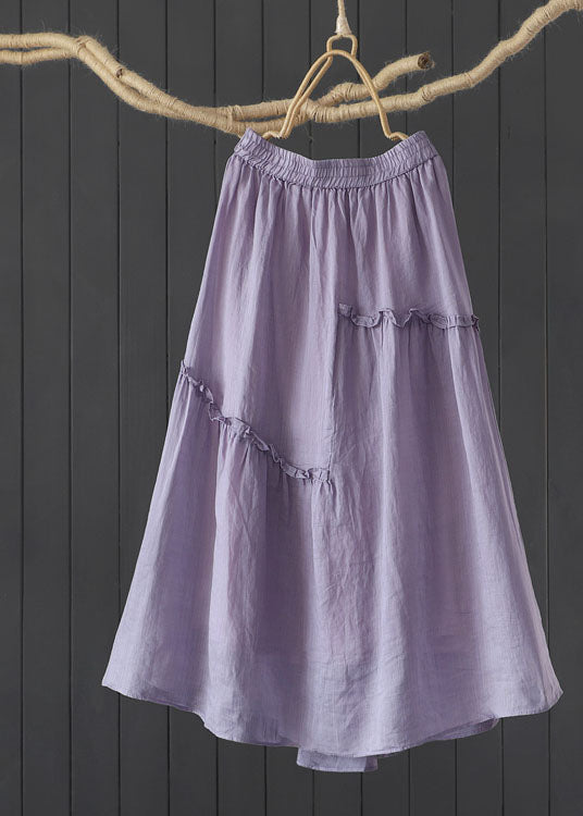 Coffee Wrinkled Elastic Waist Patchwork Linen Skirt Summer