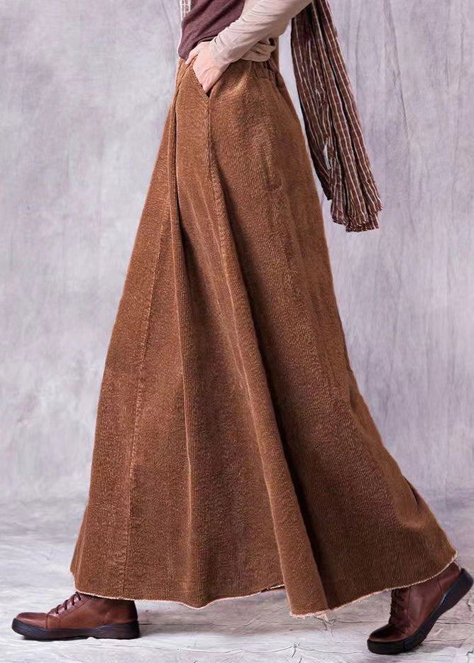 Coffee Wrinkled Pockets Corduroy Maxi Skirt Spring