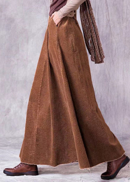 Coffee Wrinkled Pockets Corduroy Maxi Skirt Spring