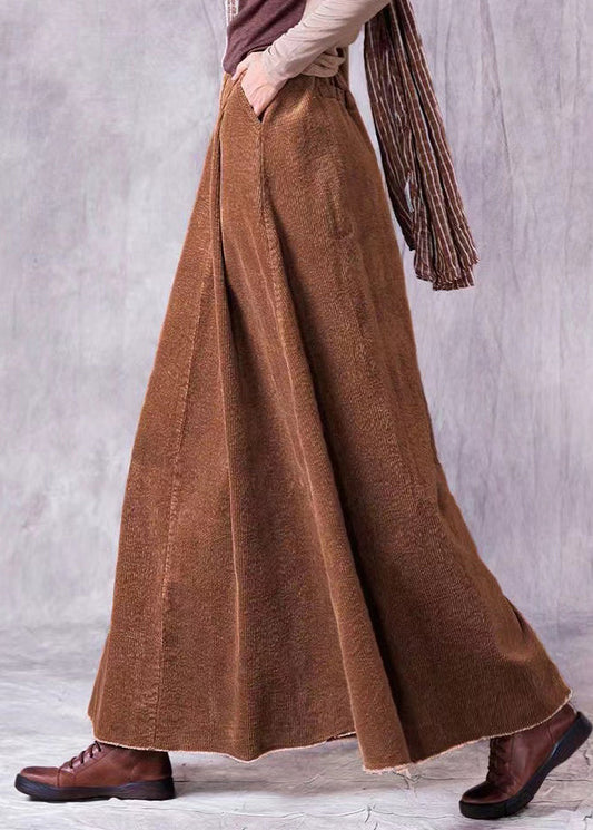 Coffee Wrinkled Pockets Corduroy Maxi Skirt Spring