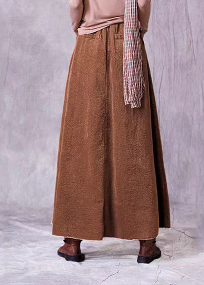Coffee Wrinkled Pockets Corduroy Maxi Skirt Spring