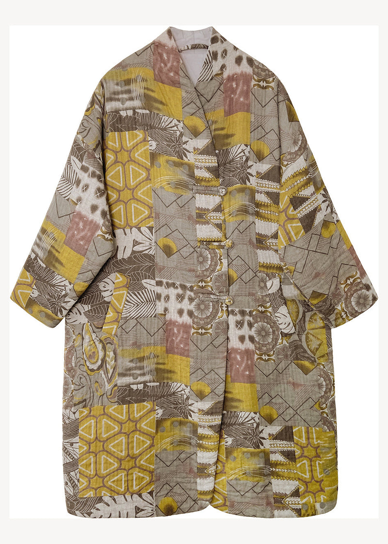 Coffee Yellow Pockets Print Chinese Button Fine Cotton Filled Coat Winter
