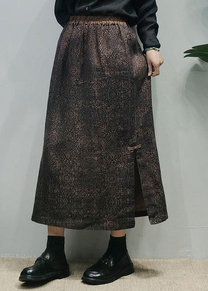 Chocolate Elastic Waist Side Open Linen a Line Skirt Spring