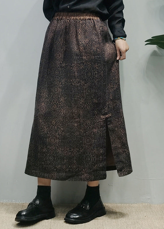 Chocolate Elastic Waist Side Open Linen a Line Skirt Spring