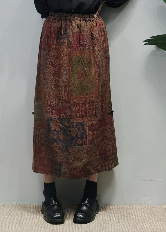 Chocolate Elastic Waist Side Open Linen a Line Skirt Spring