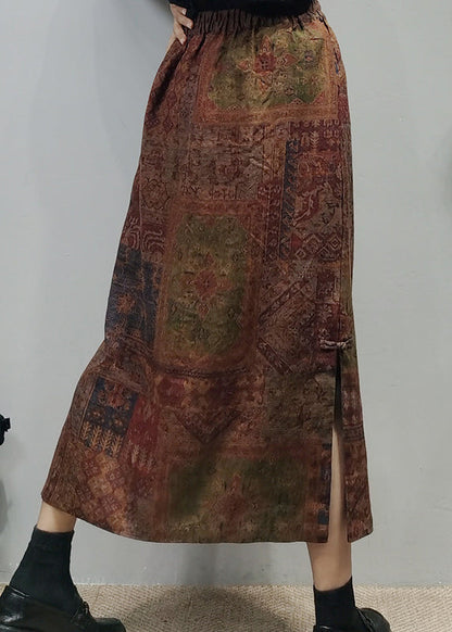 Chocolate Elastic Waist Side Open Linen a Line Skirt Spring