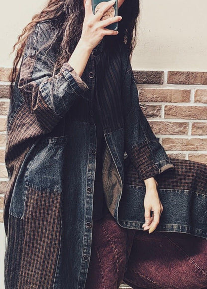 Colorblock Button Pockets Denim Patchwork Coat Fall