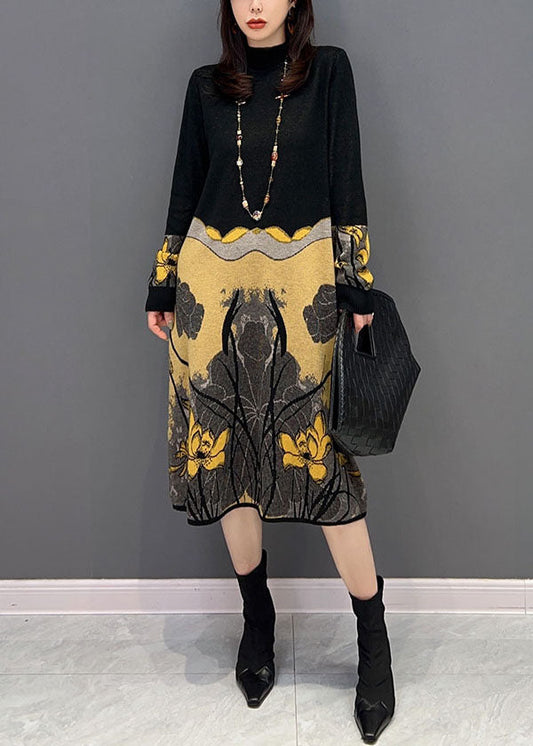 Colorblock Hign Neck Patchwork Print Knitted Dress Winter