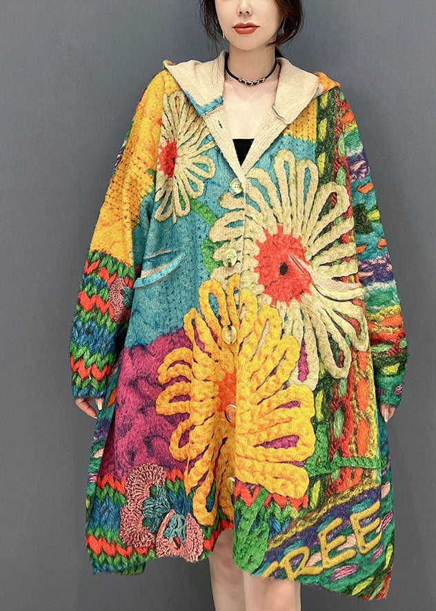 Colorblock Hooded Print Knit Loose Coats Fall