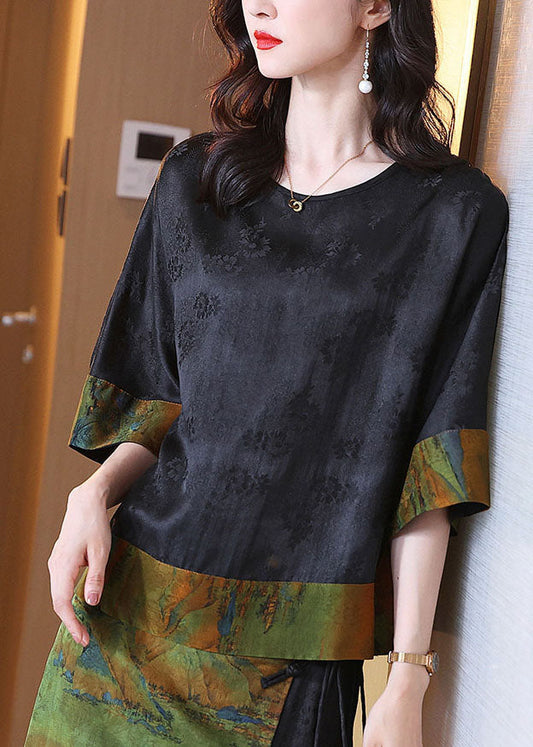 Colorblock O Neck Jacquard Patchwork Silk Top Summer