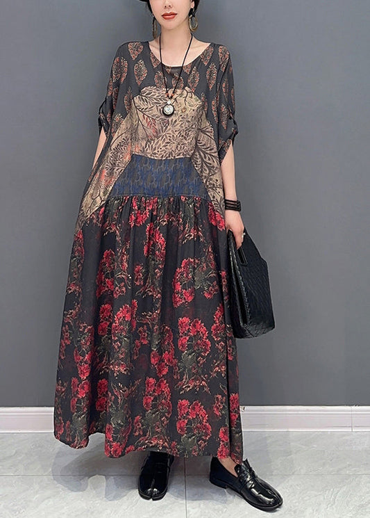 Colorblock O-neck Patchwork Print Long Dress Bracelet Sleeve