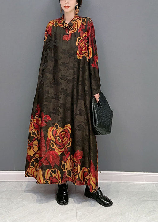Colorblock Oversized Patchwork Chinese Button Silk Long Dress Spring