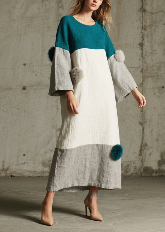 Colorblock Oversized Patchwork Fuzzy Ball Decorated Maxi Dress Fall