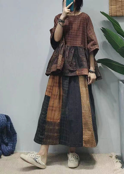 Colorblock Oversized Patchwork Plaid Linen a Line Skirts Summer