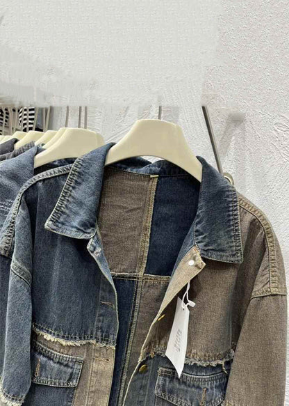 Colorblock Peter Pan Collar Button Pockets Denim Coats Fall