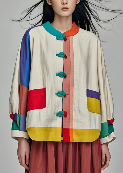 Colorblock Stand Collar Button Patchwork Cotton Coats Long Sleeve