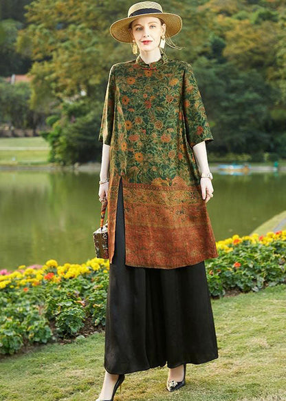 Colorblock Stand Collar Tops and Pants Silk Two Pieces Set Spring