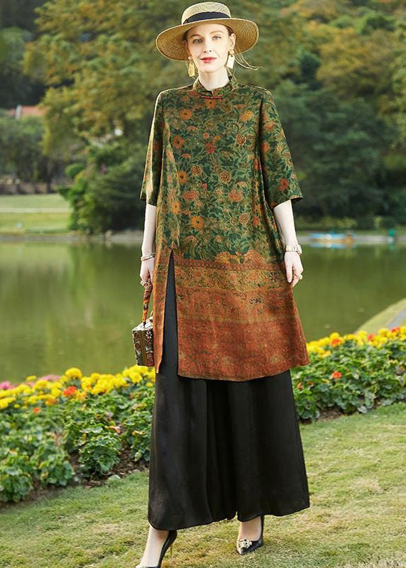 Colorblock Stand Collar Tops and Pants Silk Two Pieces Set Spring
