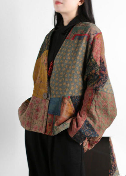 Colorblock V Neck Patchwork Print Fine Cotton Filled Coats Batwing Sleeve
