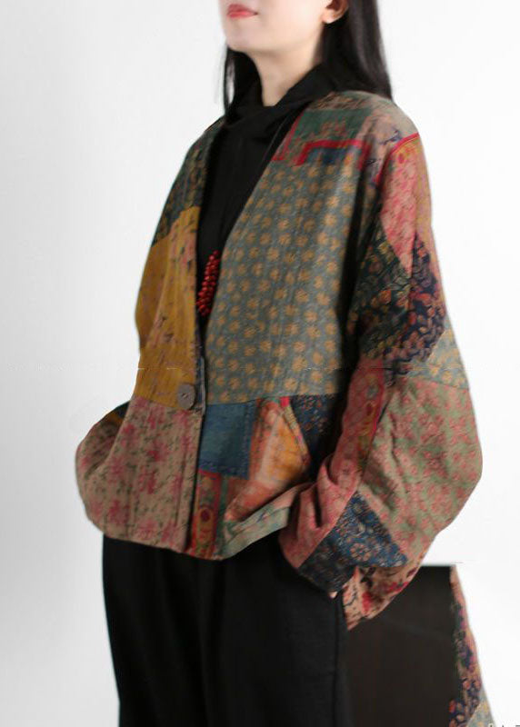 Colorblock V Neck Patchwork Print Fine Cotton Filled Coats Batwing Sleeve