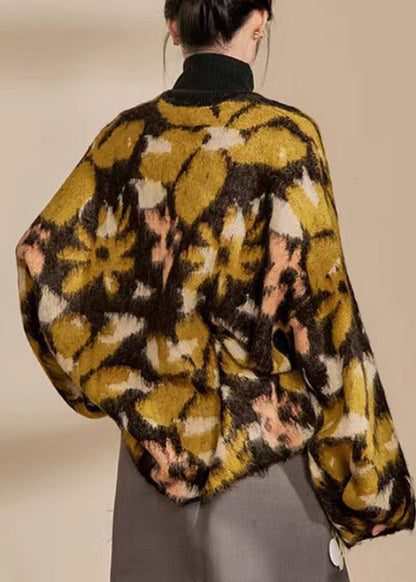 Colorblock V Neck Print Button Cotton Knit Cardigans Spring