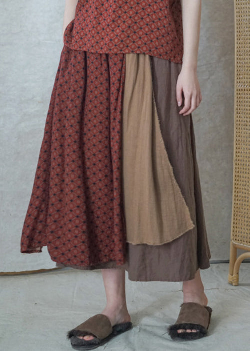 Colorblock Elastic Waist Asymmetrical Patchwork Cotton Skirts Spring